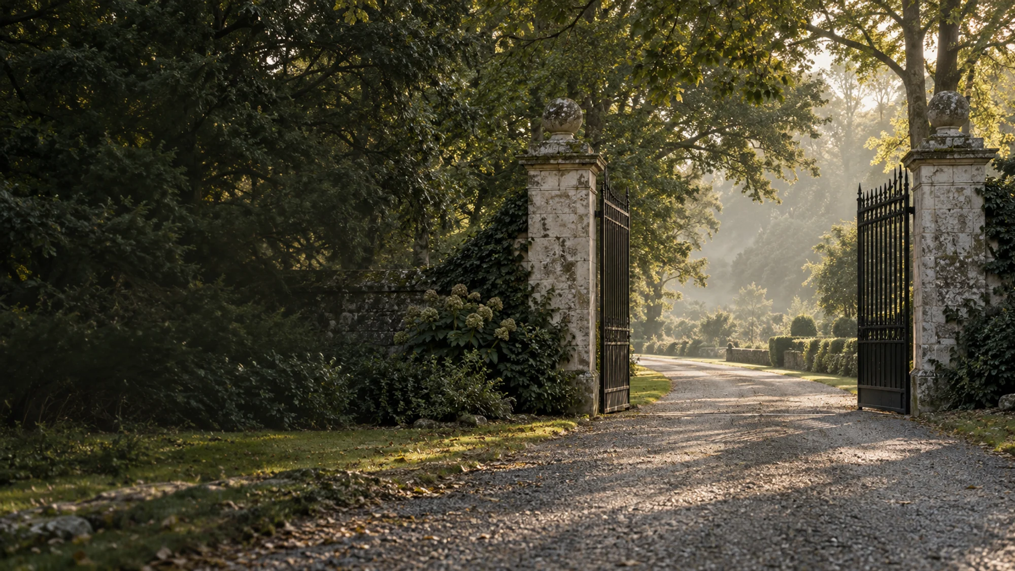 Open iron estate gates leading along a tree-lined drive